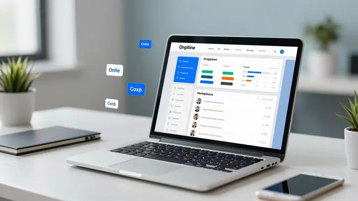 A modern workspace with a laptop showing an online marketplace product listing being optimized, charts and keywords floa