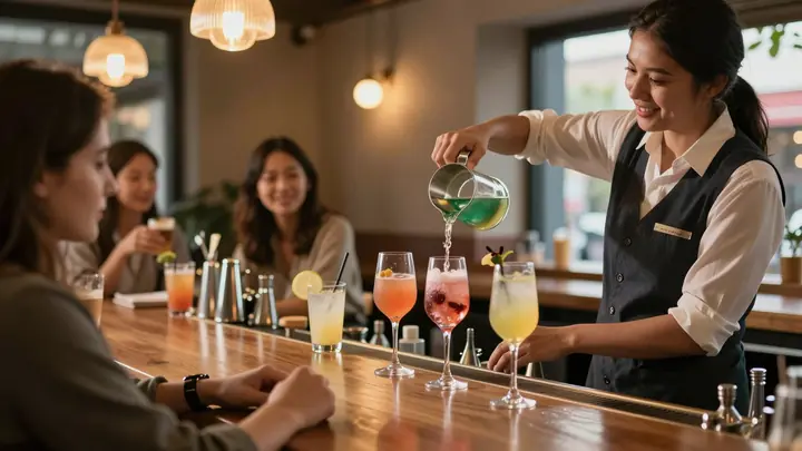 Cozy non-alcoholic cocktail bar interior with warm lighting, bartender pouring colorful alcohol-free cocktail into elega
