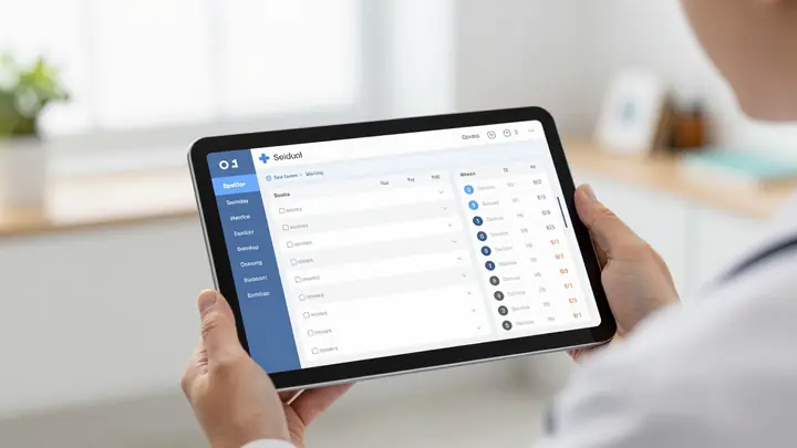 Modern cloud-based electronic medical records platform interface on a tablet held by a doctor in a bright private clinic