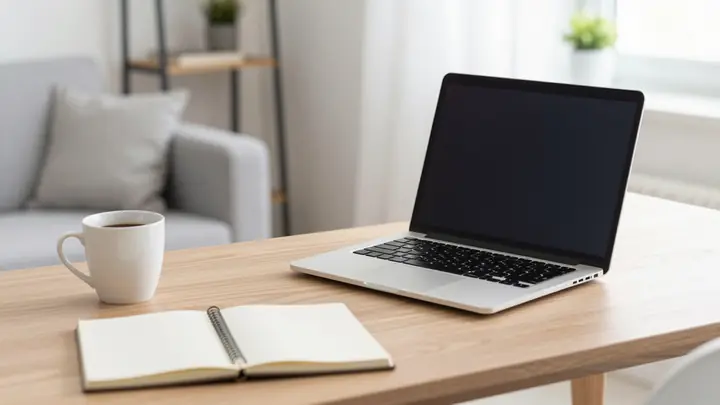Modern home office with laptop, coffee cup, and notebook, bright natural light, cozy workspace, entrepreneur working rem