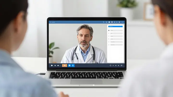 A calm professional online psychiatry consultation scene: a middle-aged psychiatrist on a laptop screen talking to a pat