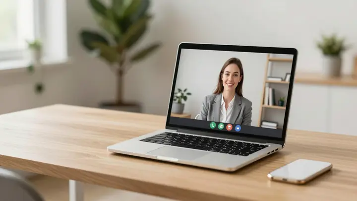 A calm modern workspace with a laptop showing a video call between a therapist and client, soft warm lighting, minimalis