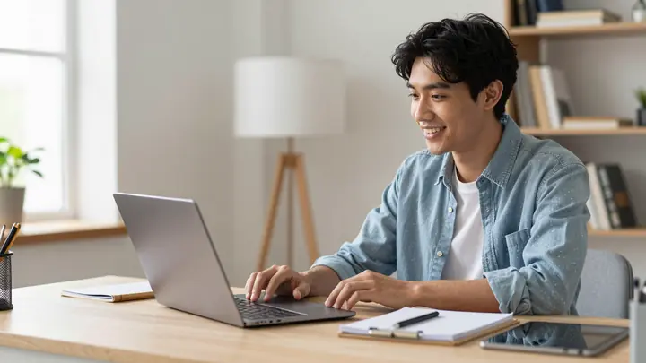 A friendly online tutor teaching a student via video call on a laptop, warm home office setup, notebook and tablet on de