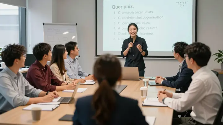 Corporate team building quiz event in modern office, diverse group of employees laughing and competing in teams, host wi