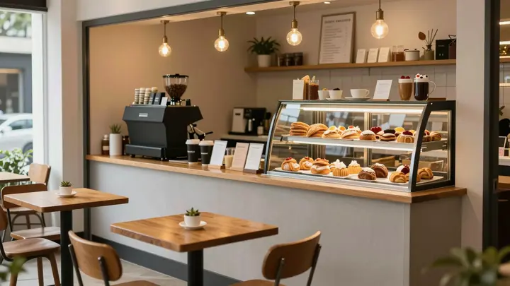 Cozy compact bistro interior with a small counter, warm lighting, a few wooden tables, fresh pastries and coffee on disp