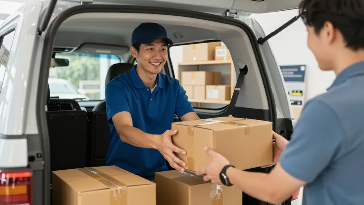 Modern small pickup point interior with shelves of parcels, friendly employee handing package to customer, bright clean 