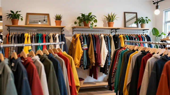 Cozy vintage thrift store interior with wooden racks of colorful retro clothing, warm ambient lighting, plants and a mir