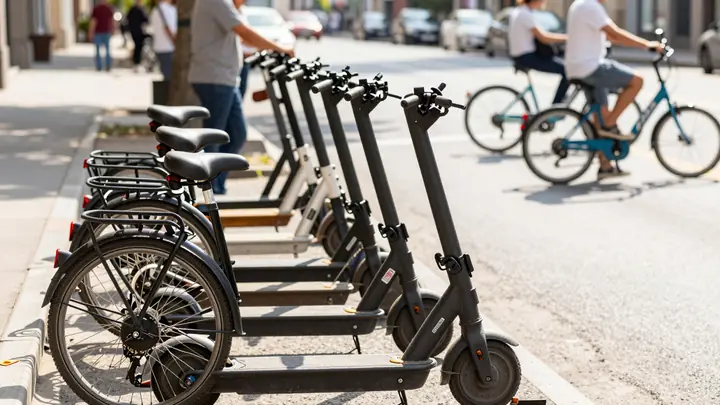 A row of bicycles and electric scooters parked on a sunny city street, one bicycle with a visible GPS tracker, people re