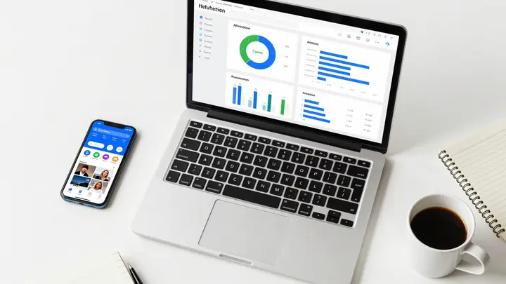 A clean flat lay of a laptop with analytics dashboard on screen, smartphone with social media app, notebook and coffee c