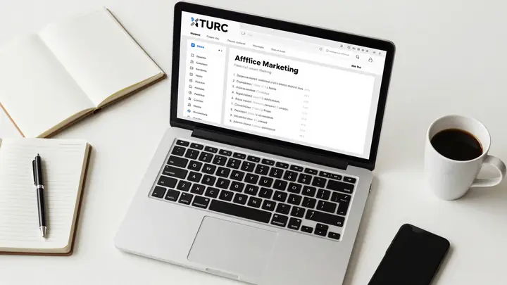 Modern flat lay of a laptop with affiliate marketing dashboard on screen, surrounded by notebooks, coffee cup and smartp
