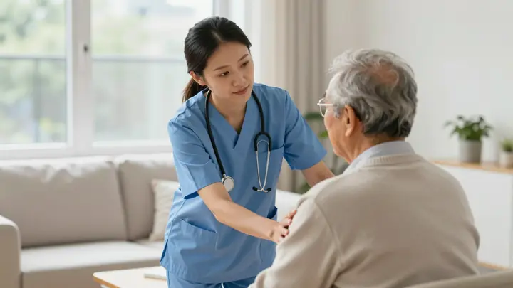 Professional caregiver in uniform gently helping an elderly person at home, warm natural light, cozy interior, compassio