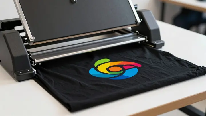 Close-up of a heat press machine printing a colorful custom logo on a black t-shirt in a small modern print workshop, br