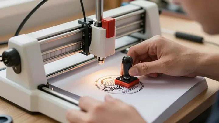 A small workshop with a laser engraver making custom rubber stamps, local design prints on paper, warm lighting, close-u