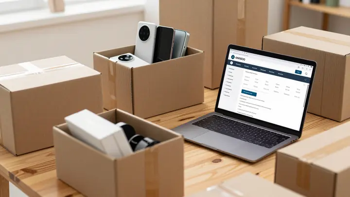 A modern e-commerce workspace with cardboard boxes filled with branded electronics and accessories, a laptop showing mar