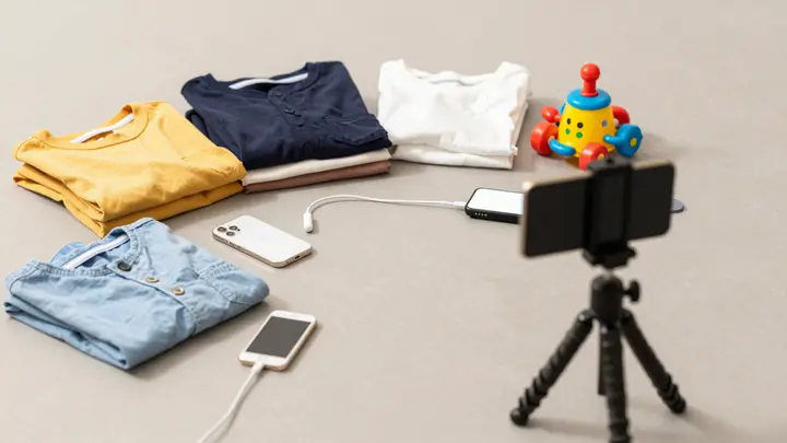 Flat lay of used items: clothes, small electronics, children's toys on neutral background, smartphone on tripod photogra