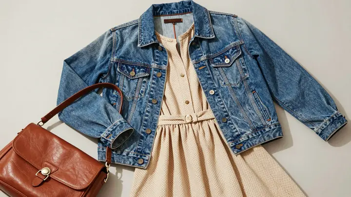 A stylish flat lay of vintage clothing and accessories on a neutral background, denim jacket, retro dress, leather bag, 