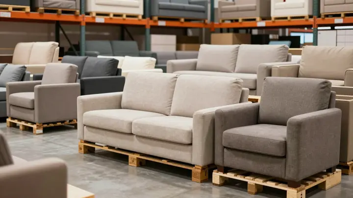 Warehouse interior with discounted furniture, sofas and armchairs stacked on pallets, warm lighting, professional photog