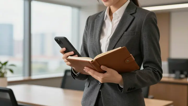 Professional lifestyle manager in elegant suit holding smartphone and leather planner, standing in modern office with ci