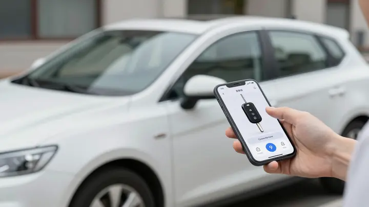 A modern peer-to-peer car sharing platform concept: a car owner handing car keys to a renter in front of a parked car, s