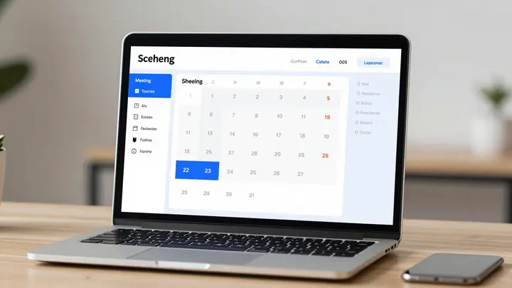 Clean modern SaaS dashboard for meeting scheduling with calendar sync, blue and white interface, laptop on desk, soft li