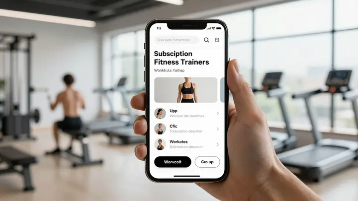 Modern subscription platform for fitness trainers, smartphone with workout app interface, clean minimal design, professi