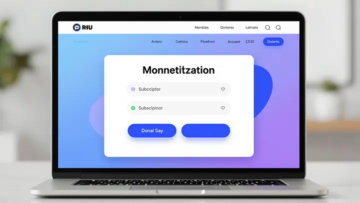 Modern digital content monetization platform interface on a laptop screen, subscription and donation buttons, clean UI d