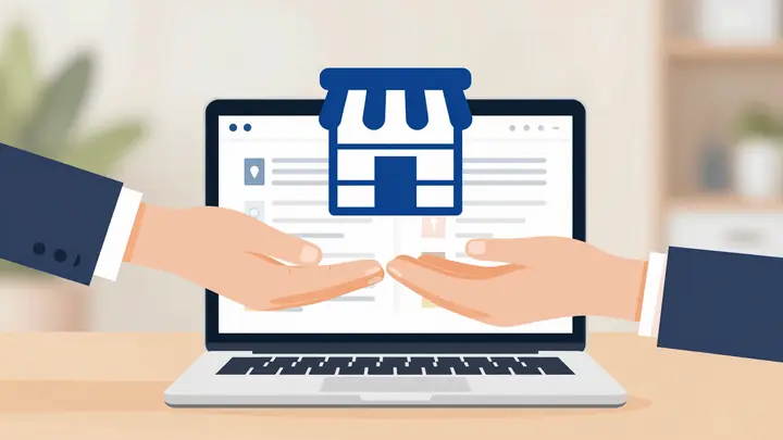 A clean modern flat illustration of a business handover: two hands exchanging a storefront icon above a laptop screen sh
