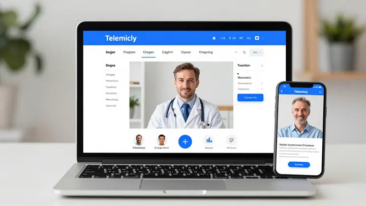 Modern telemedicine platform interface on laptop and smartphone, doctor in video call with patient, clean medical techno