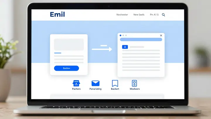 Clean modern illustration of an email newsletter platform interface on a laptop screen, subscription payment icons, auth