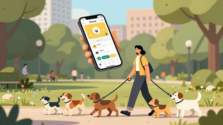 A vibrant flat illustration of a dog walker holding leashes of multiple happy dogs in a sunny city park, with a smartpho