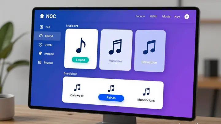 Modern digital platform interface for musicians with subscription model, music notes and payment icons, clean SaaS desig