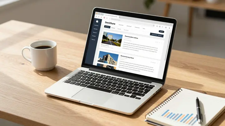 A neat desk with a laptop showing an email newsletter interface, warm lighting, coffee cup, notebook with analytics char