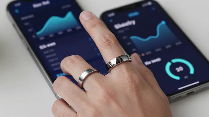 Sleek smart ring on a finger next to a smartphone showing sleep analytics dashboard, dark blue night background, glowing