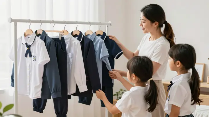 A neat rack with children's school uniforms in various sizes, a mother with three kids choosing uniforms, bright clean r