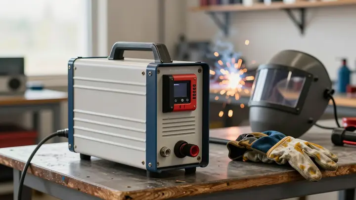 Welding inverter machine on a workbench in a garage workshop, protective mask and gloves nearby, sparks from welding in 