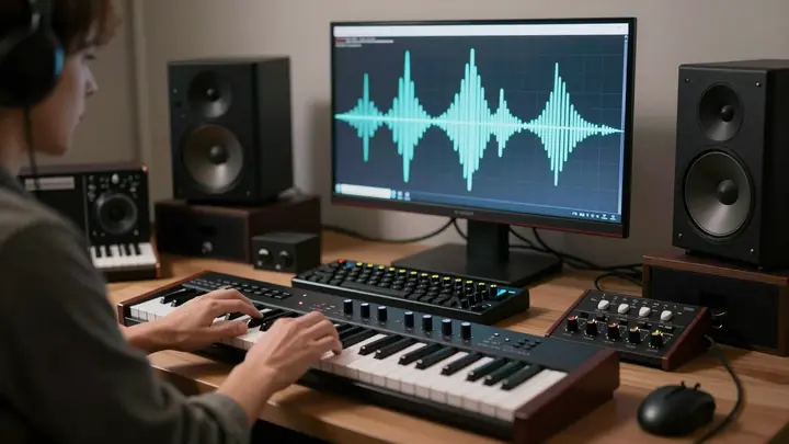 Music producer working in home studio with MIDI keyboard and audio interface, dark moody lighting, sound waves visualiza