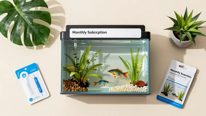 Flat lay of a monthly aquarium subscription box with fish food, water test kits, plant care supplies and decorative elem