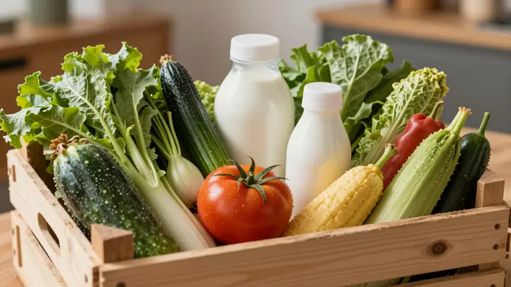 A wooden crate filled with fresh local farm vegetables, fruits and dairy products, weekly subscription delivery concept,