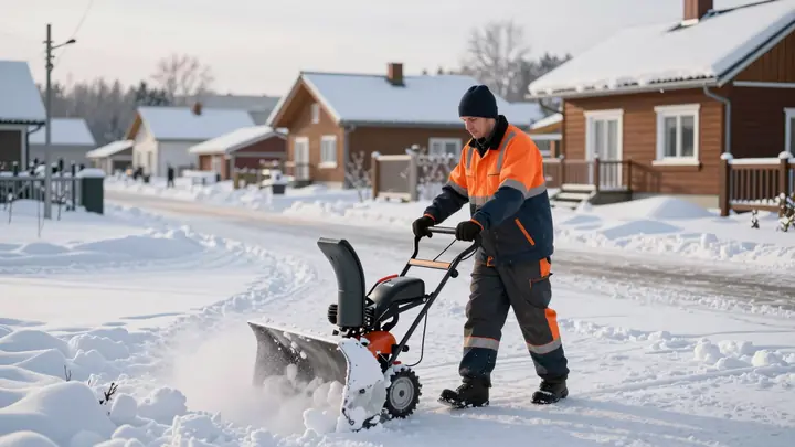 Professional snow removal service worker clearing snow from a large cottage driveway with a snow blower, winter morning,