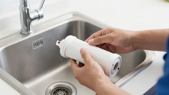Close-up of a technician's hands replacing a water filter cartridge under a kitchen sink in a modern apartment, bright c