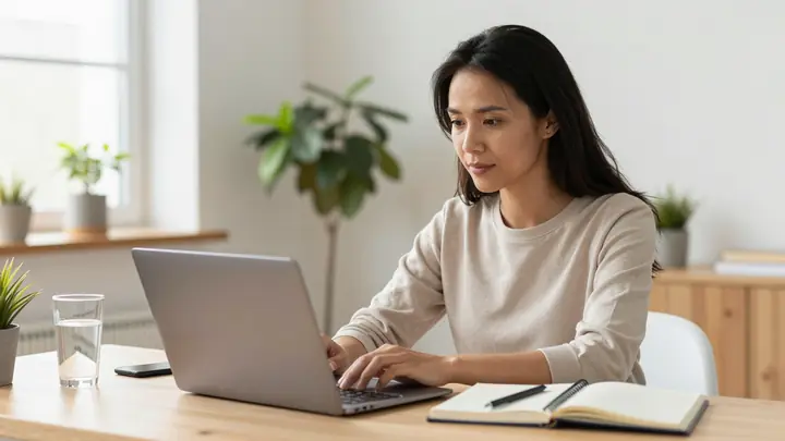 A calm, warm-toned photo of a woman in her 30s sitting at a bright home office desk, talking to a laptop camera with a n