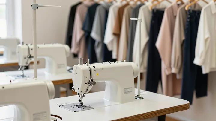 Professional photo of a small sewing workshop with industrial sewing machines, fabric rolls and finished limited edition