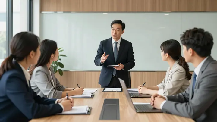 Professional photo of a family business succession meeting, lawyer mediating between generations of business owners in a