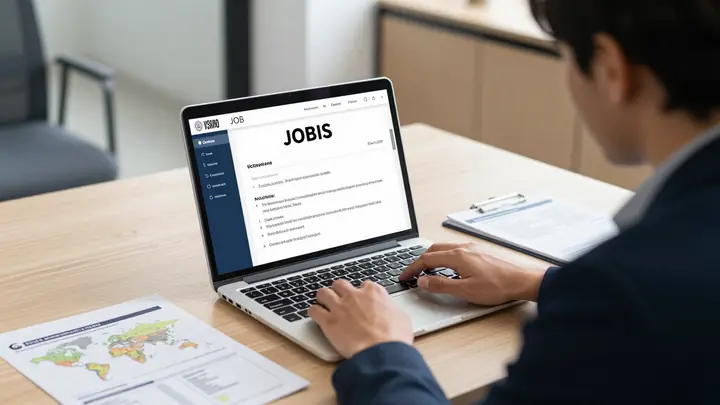A professional consultant in a modern office showing job vacancies on a laptop screen to a client, with a world map and 