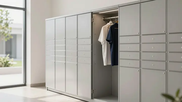 Modern dry cleaning drop box locker in a residential building lobby, clothes hanging inside, clean and bright interior, 