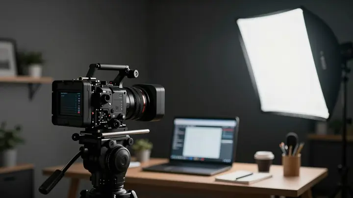 Cinematic online course production studio with professional camera, softbox lighting, microphone and designer workspace,
