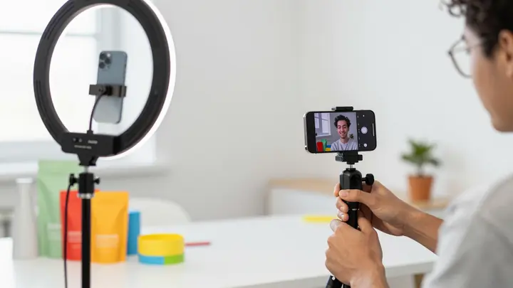 A bright modern content creation studio with a smartphone on a tripod, ring light, and a person filming a product review
