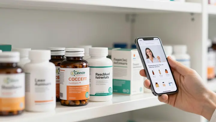Clean modern photo of dietary supplement bottles and boxes on a bright shelf with a smartphone showing an online store, 