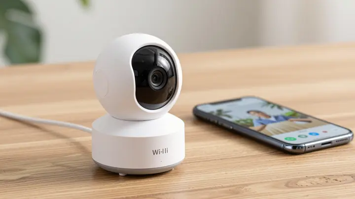 A clean product photography of a compact white Wi-Fi security camera on a wooden table next to a smartphone showing a li