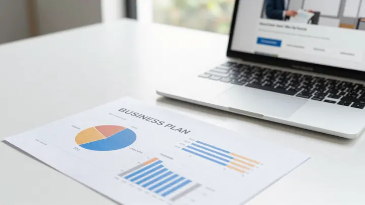 A professional business plan document with financial charts and graphs on a desk, next to a laptop showing an online mar